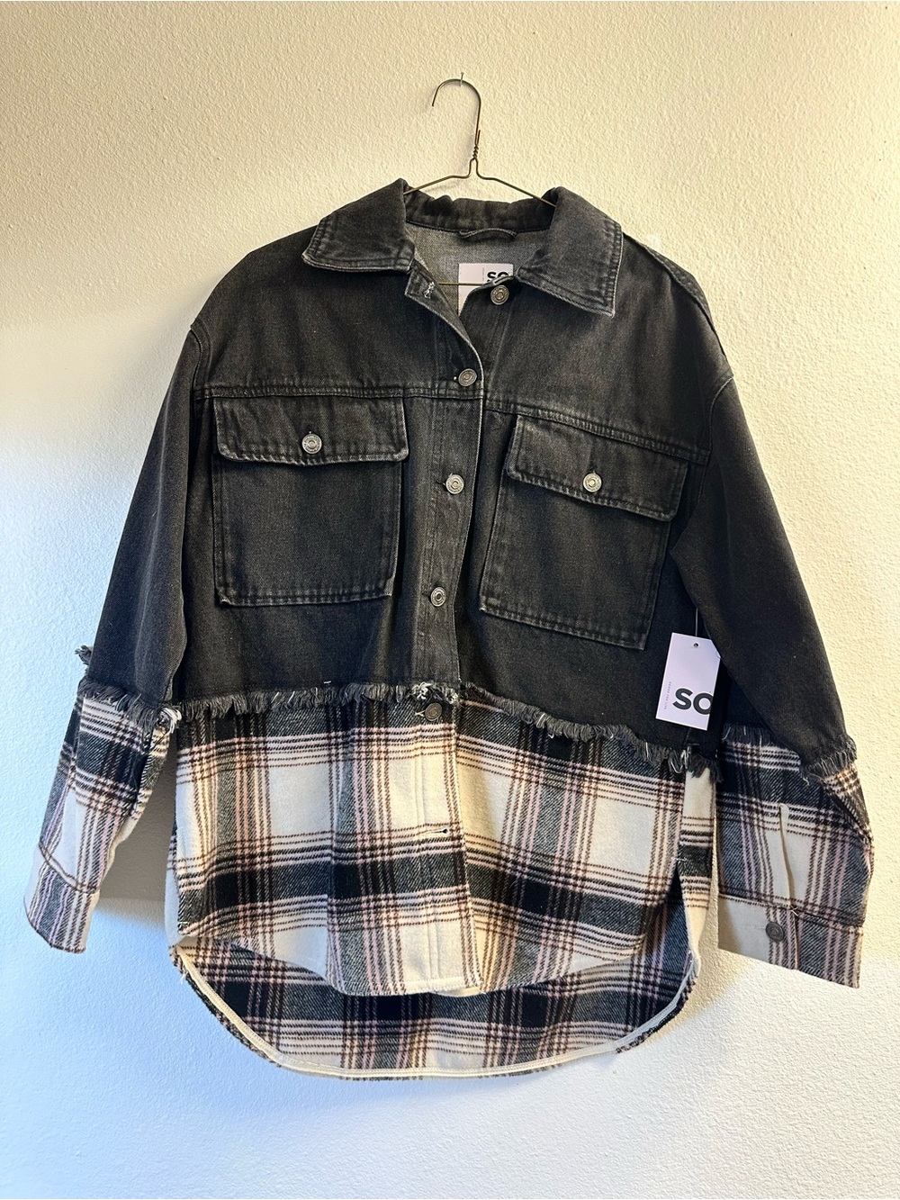 SO Black Denim & Cream Plaid Layered Shacket